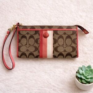 Coach Signature Monogram Coral Stripe Wristlet Wallet